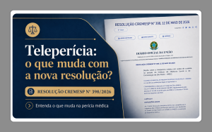 Imagem ilustrativa da publicação da Resolução CREMESP nº 398/2026 no Diário Oficial da União, que disciplina a teleperícia médica em ações de curatela no âmbito do IMESC.