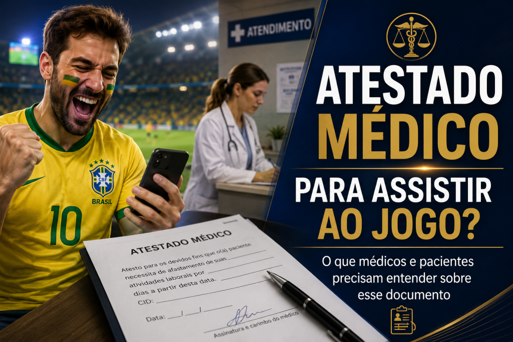 Torcedor com camisa da Seleção Brasileira e atestado médico ilustrando debate sobre a banalização dos atestados médicos e suas implicações éticas e legais.