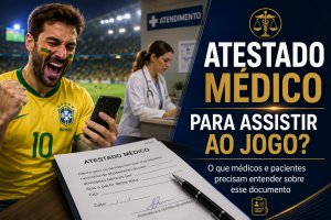 Torcedor com camisa da Seleção Brasileira e atestado médico ilustrando debate sobre a banalização dos atestados médicos e suas implicações éticas e legais.