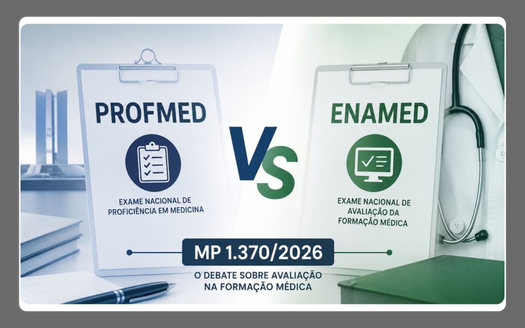 Ilustração comparando Enamed e Profimed, destacando o debate sobre a MP nº 1.370/2026 e os diferentes modelos de avaliação da formação médica no Brasil.