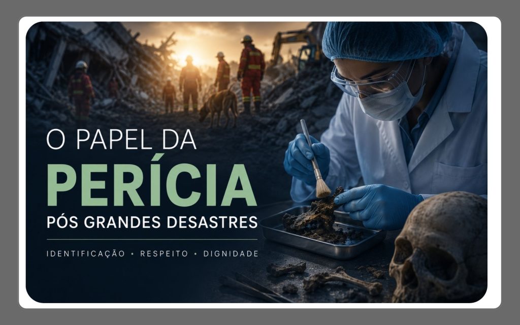 Perita médico-legista realiza análise forense após um grande desastre, ilustrando o trabalho de identificação das vítimas em operações de perícia médico-legal.
