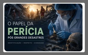 Perita médico-legista realiza análise forense após um grande desastre, ilustrando o trabalho de identificação das vítimas em operações de perícia médico-legal.