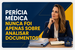 Ilustração de uma médica ao lado de documentos, representando a atuação da Perícia Médica além da análise documental.