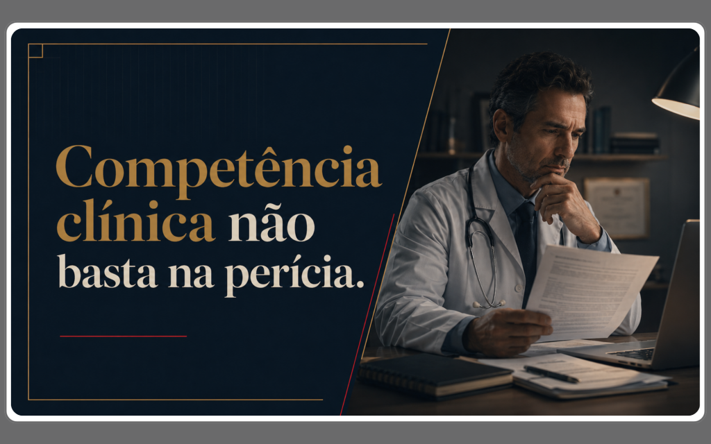 Imagem editorial mostra médico analisando documentos em ambiente profissional, com a frase “Competência clínica não basta na perícia”, representando a importância do raciocínio pericial na elaboração de relatórios médicos.