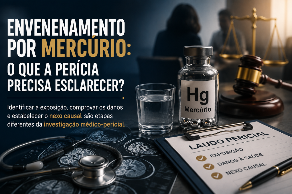 Ilustração sobre envenenamento por mercúrio destacando o papel da perícia médica na investigação da exposição, dos danos à saúde e do nexo causal.