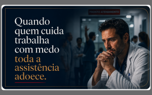 Imagem institucional mostra médico em ambiente hospitalar com expressão preocupada, enquanto ao fundo há um pronto atendimento desfocado, representando os impactos da violência contra médicos na segurança e na qualidade da assistência.