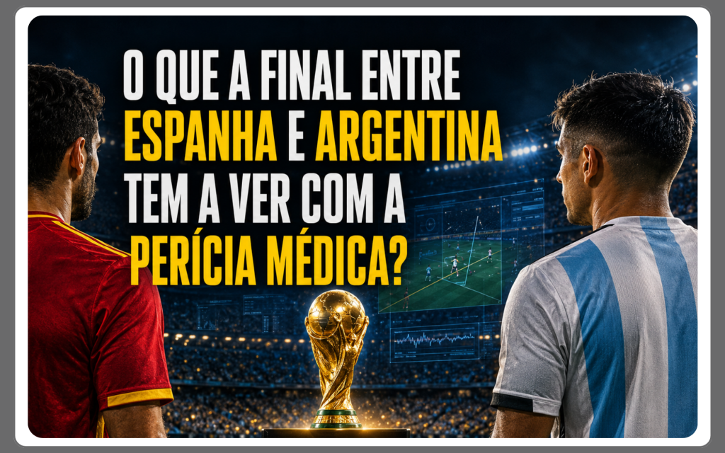 Jogadores com uniformes de Espanha e Argentina diante da taça, com telas de análise de lances ao fundo.