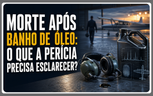 Avião, fones de aviação e recipiente de óleo representam a investigação pericial da morte após banho de óleo.
