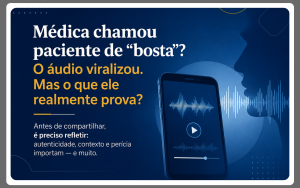 Médica chamou paciente de “bosta”? Imagem sobre áudio atribuído a uma médica e análise pericial de prova digital.