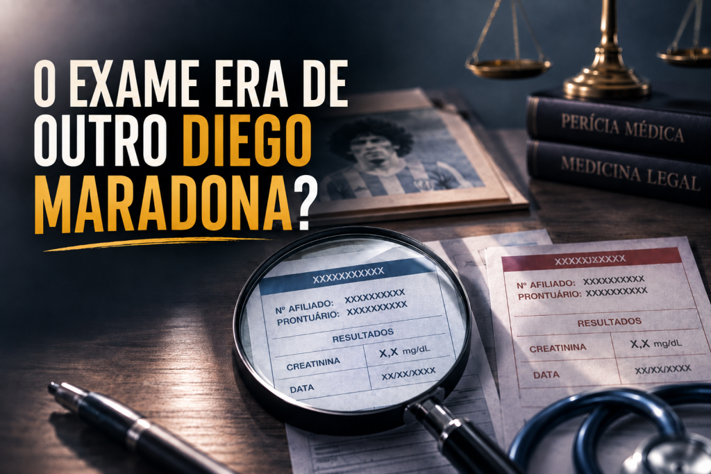 Caso Maradona e Perícia Médica: documentos médicos ilustrativos analisados com lupa.